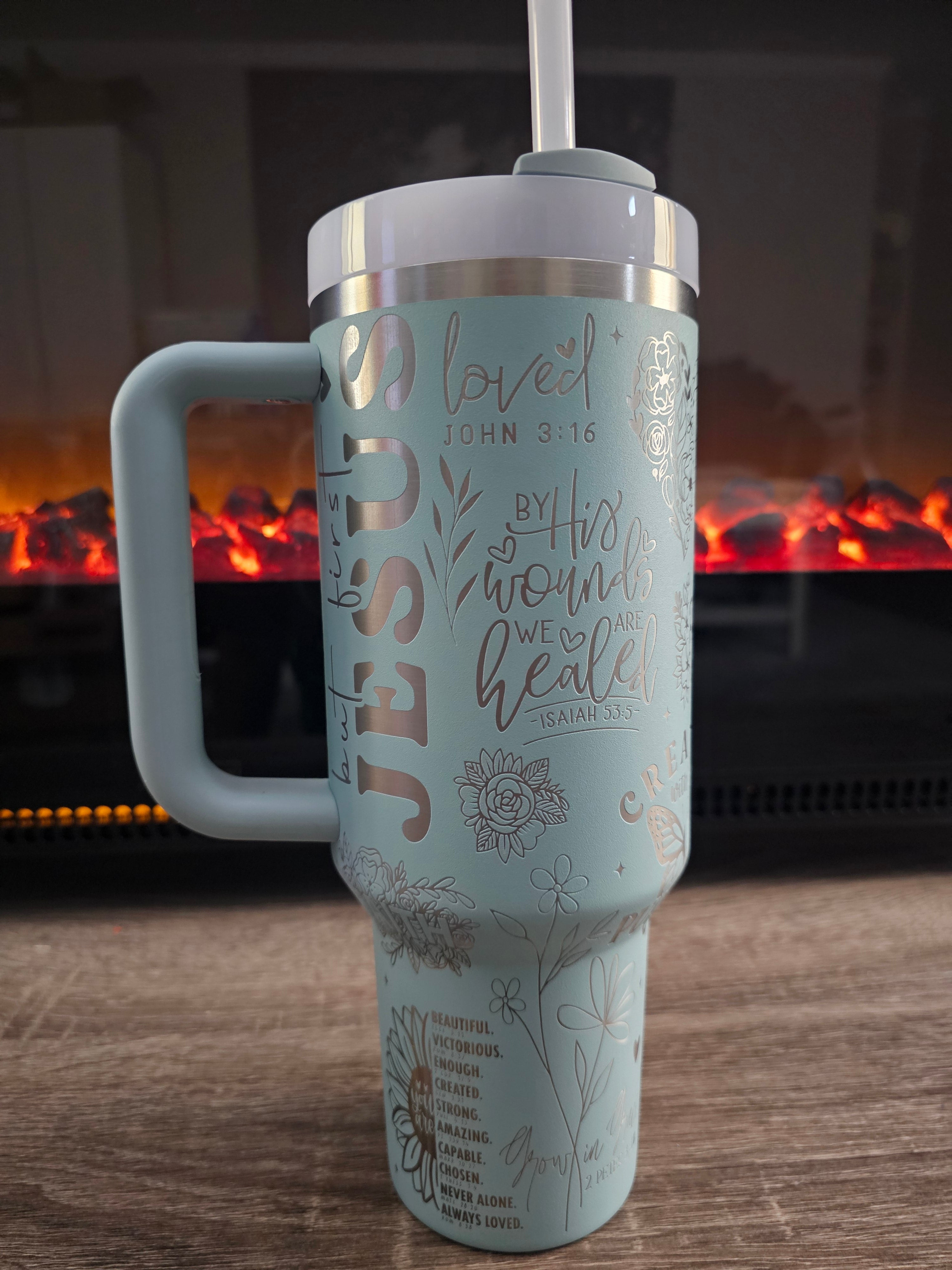 40oz Stanley Engraved Tumbler with Handle | Custom Laser Engraved Cup | Christian tumbler Be the Light full wrap