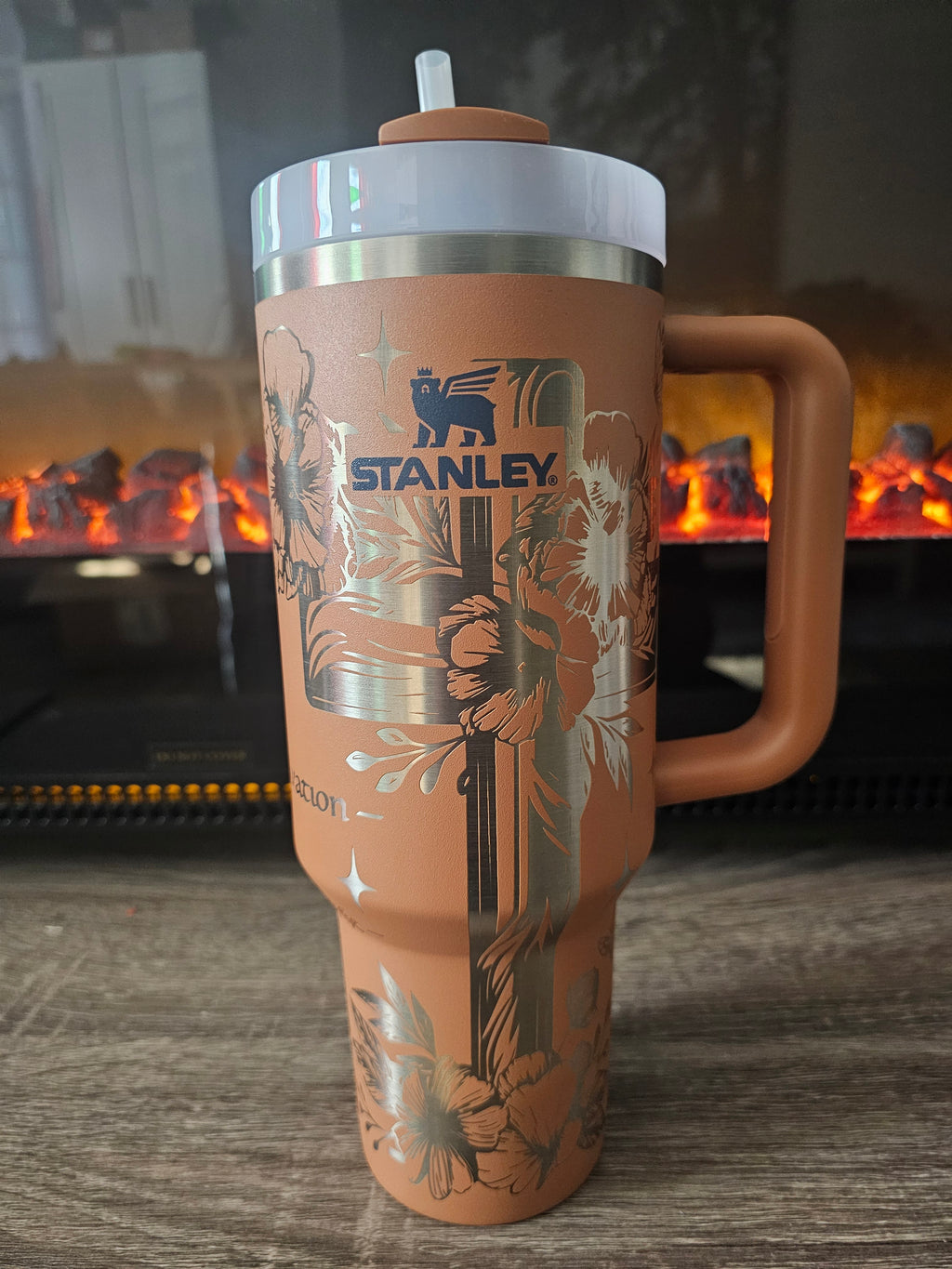 Psalm 27:1 "The Lord is My Light" Christian 40oz Tumbler with Handle | Floral Cross Laser Engraved Travel Mug