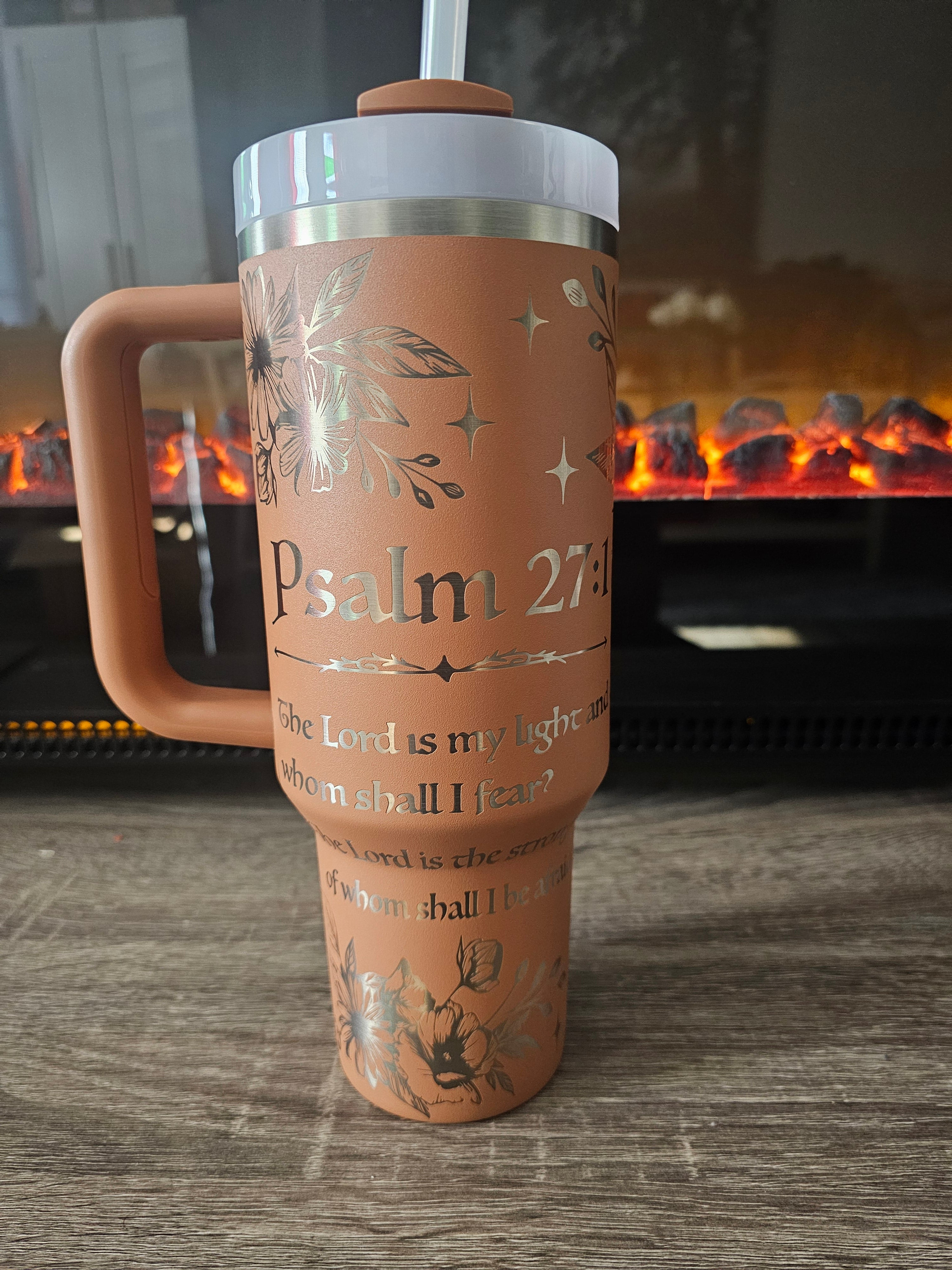 Psalm 27:1 "The Lord is My Light" Christian 40oz Tumbler with Handle | Floral Cross Laser Engraved Travel Mug