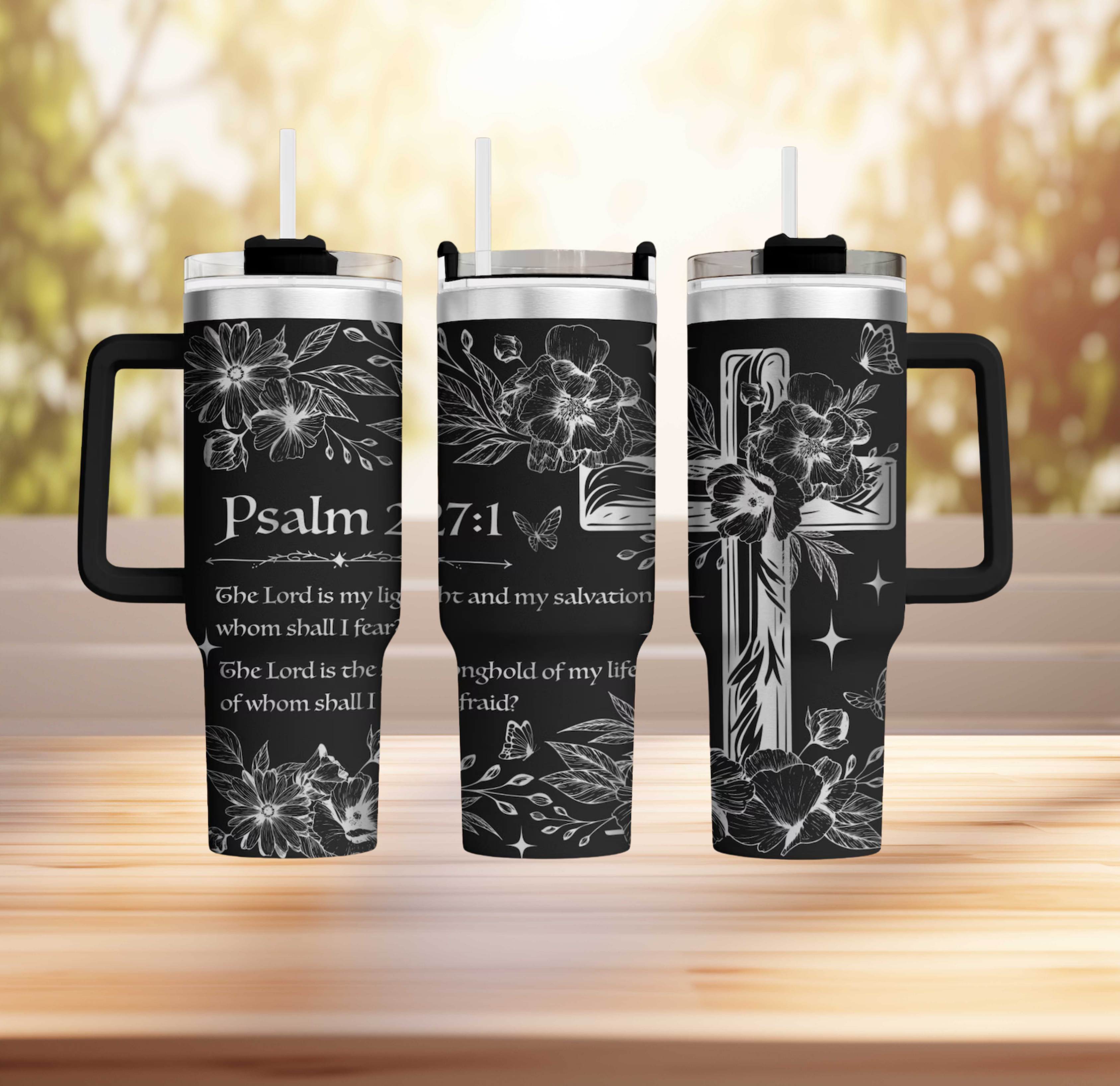 Psalm 27:1 "The Lord is My Light" Christian 40oz Tumbler with Handle | Floral Cross Laser Engraved Travel Mug